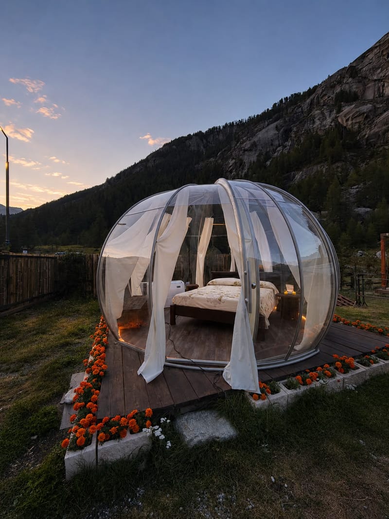 Interno della bolla con letto e luce dorata del tramonto