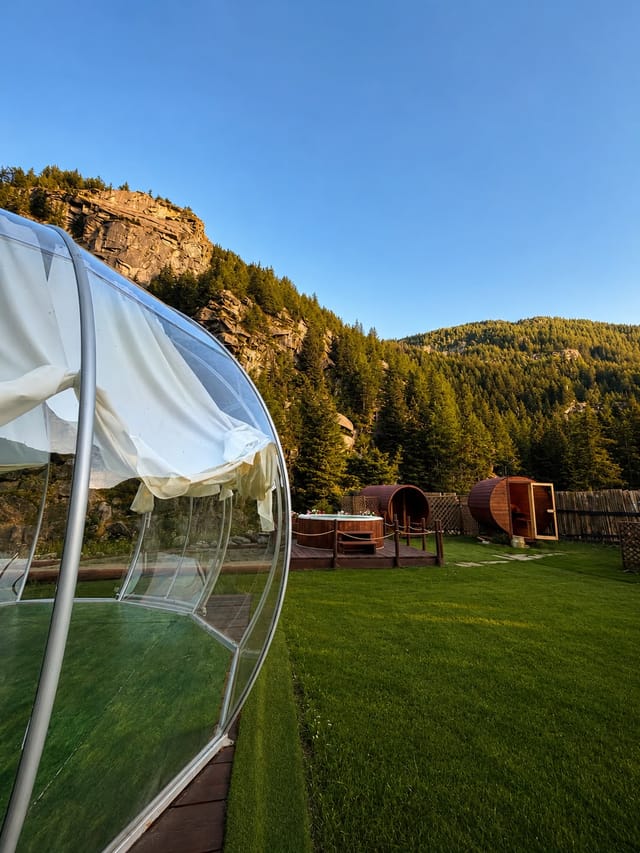 Bolla glamping di giorno immersa nel bosco alpino